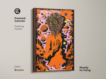 Framed canvas showcasing an abstract head art piece with an orange eye. This surrealism painting features a floating brown frame. Ideal for eclectic office decor or as a unique home decor piece. The vibrant wall art enhances any art collector's space.