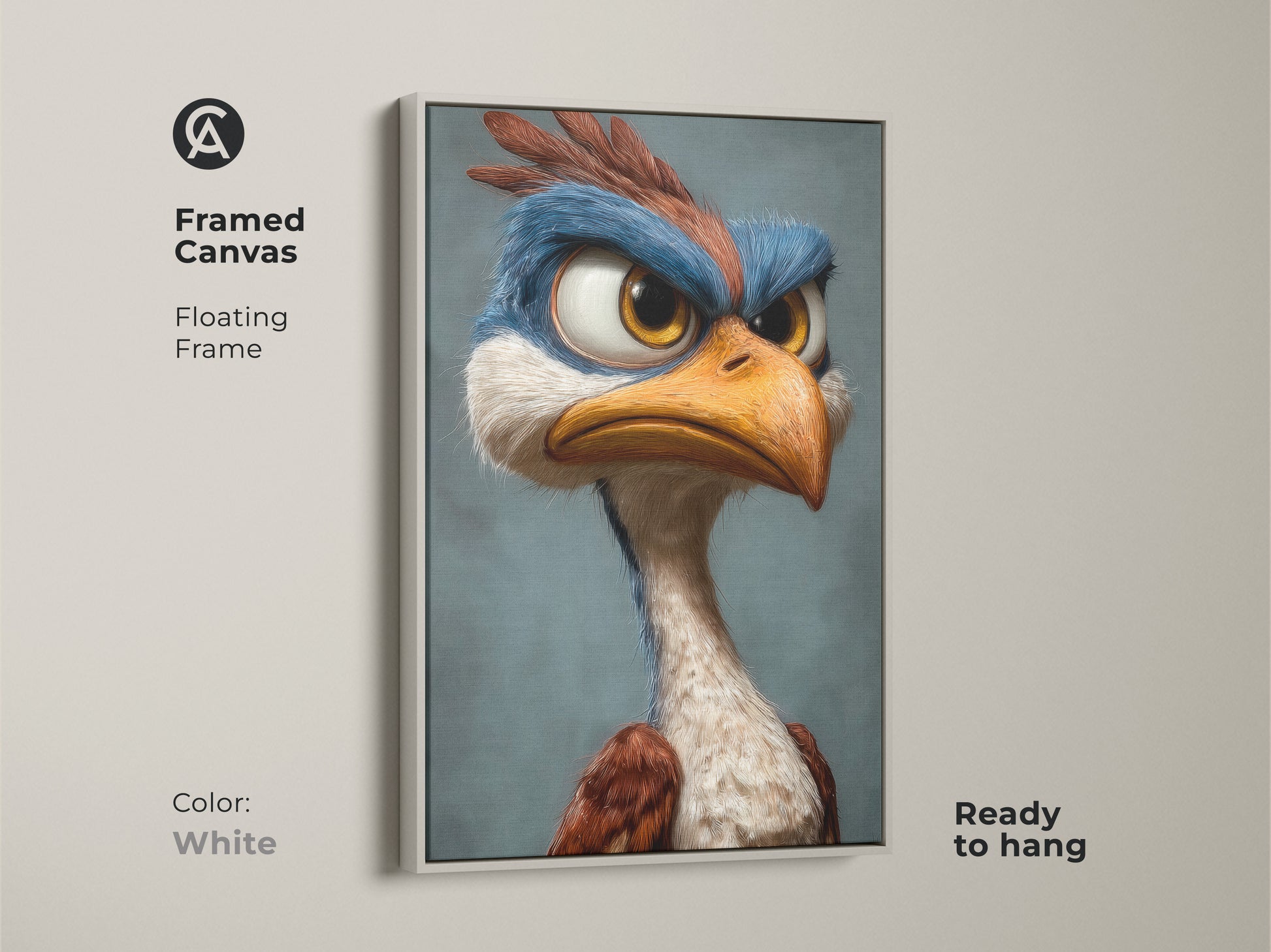 Framed canvas artwork of a cartoon bird with a floating frame. The white frame offers a clean modern look. The art is ready to hang. This piece is ideal for minimalist or contemporary interiors.