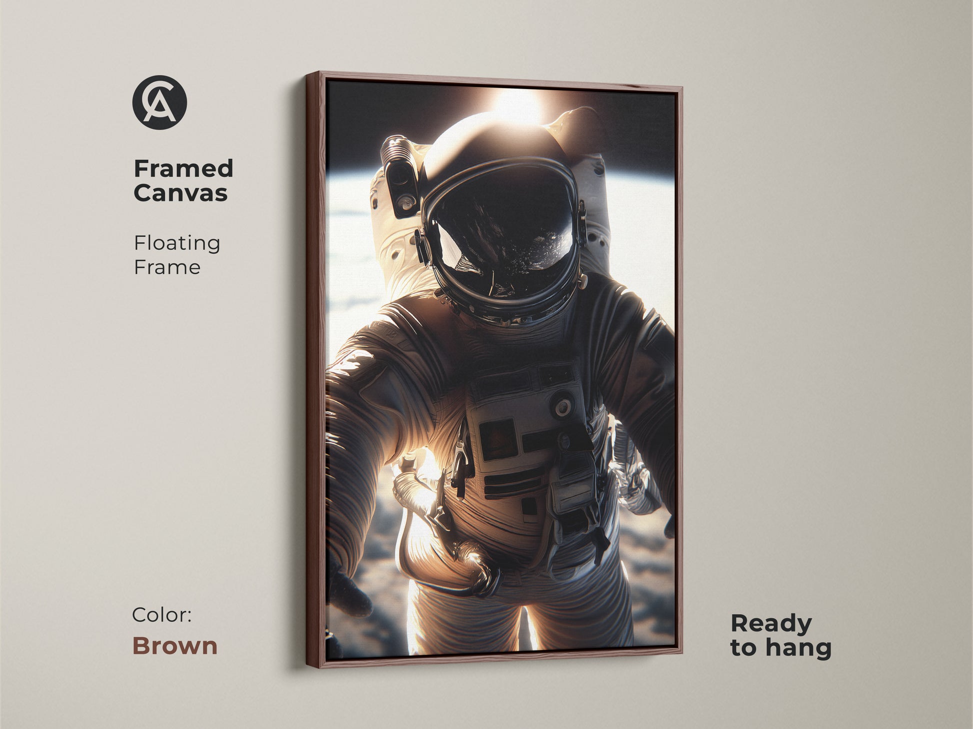 Framed canvas of an astronaut in space with brown floating frame. This ready-to-hang artwork features a photorealistic astronaut and golden Earth view. Perfect for adding a touch of adventure to a modern room.