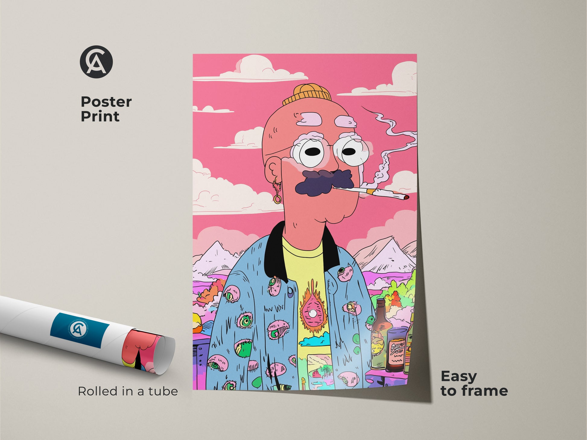 Poster print of a cartoon man smoking. This easy-to-frame artwork comes rolled in a tube. The colorful and quirky style adds a playful touch to your space. The unique character and vibrant details make it a standout piece. Perfect for adding personality to your wall art collection.