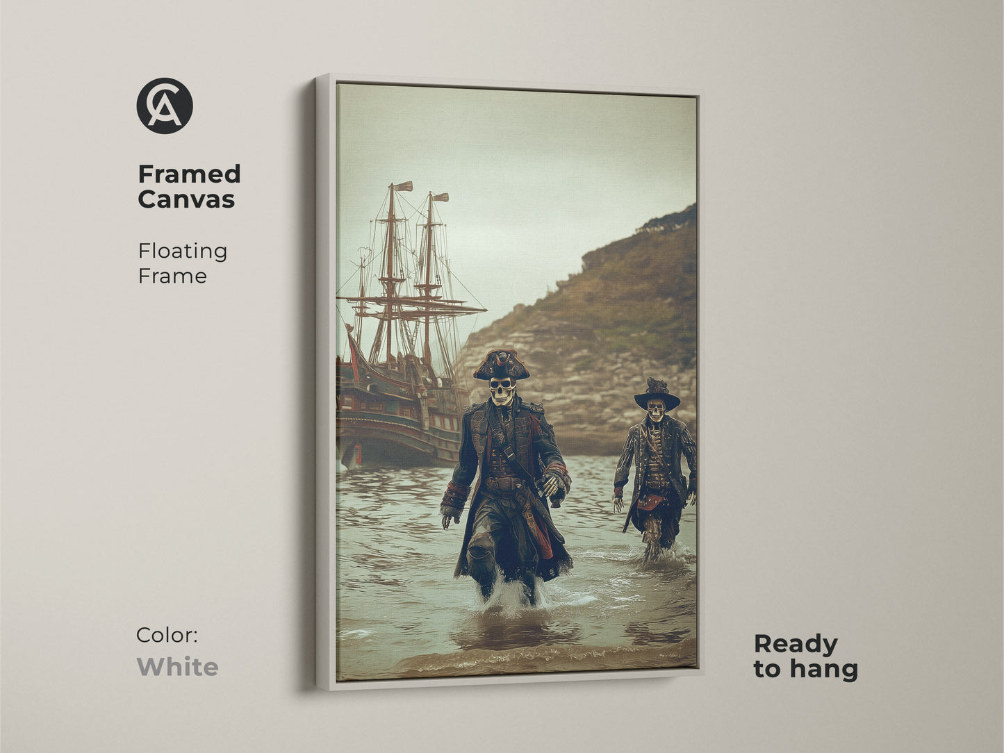 This framed canvas features skeleton pirates emerging from the water. A galleon ship sits in the background. This gothic adventure artwork is ready to hang with a floating white frame. Perfect for adding a macabre nautical touch to your office or man cave.