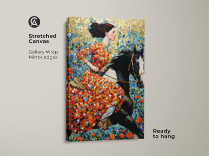 Explore this stretched canvas print of a woman riding a horse. The mosaic style wall art showcases red gold and teal tones. Gallery wrapped with mirrored edges this canvas is ready to hang. It is a unique piece of art perfect for eclectic home decor. Ideal as a gift for horse lovers.
