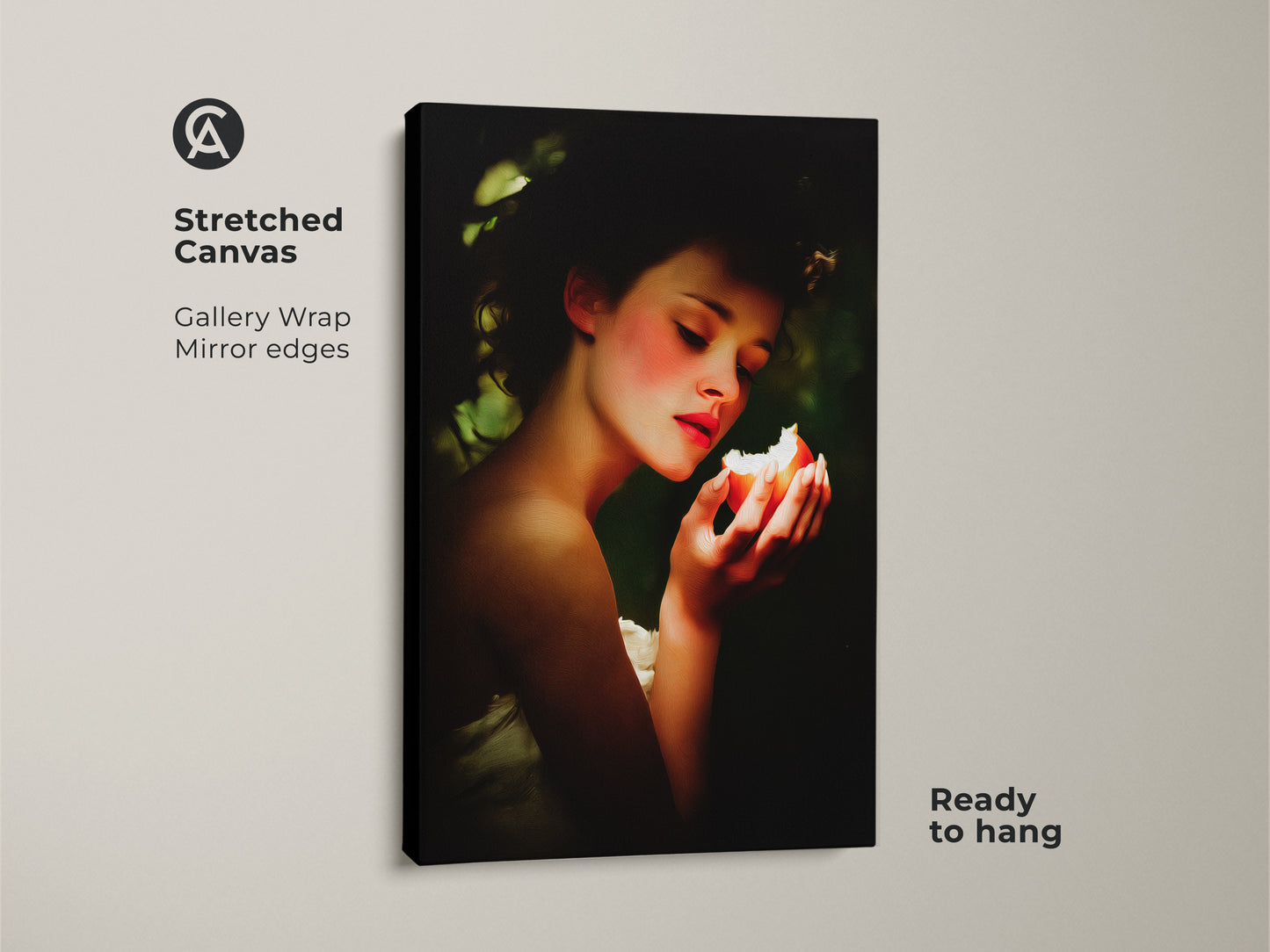 Stretched canvas gallery wrap shows Renaissance woman portrait art. The woman holds a peach and green apple. This classic still life wall art serves as eclectic bedroom decor. A great gift for art lovers anniversary. This ready to hang fine art print is perfect for any study.