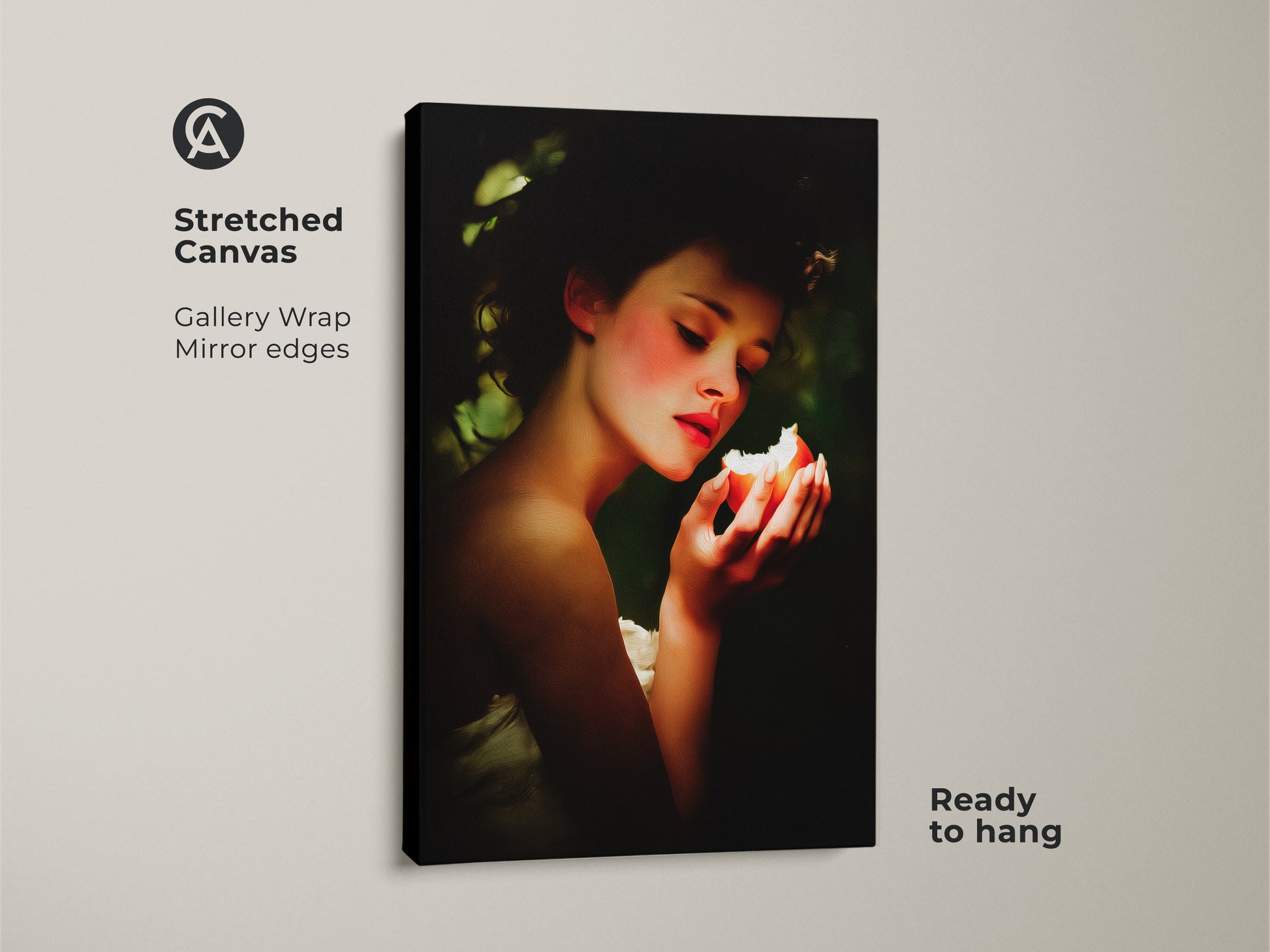 Stretched canvas gallery wrap shows Renaissance woman portrait art. The woman holds a peach and green apple. This classic still life wall art serves as eclectic bedroom decor. A great gift for art lovers anniversary. This ready to hang fine art print is perfect for any study.