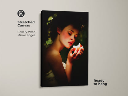 Stretched canvas gallery wrap shows Renaissance woman portrait art. The woman holds a peach and green apple. This classic still life wall art serves as eclectic bedroom decor. A great gift for art lovers anniversary. This ready to hang fine art print is perfect for any study.