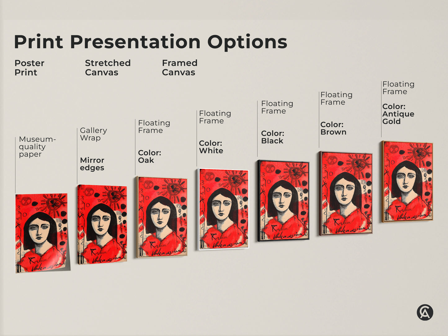 Explore presentation options for this woman's portrait art. Choose from poster prints stretched canvas or framed canvas. Find the perfect style to complement your home decor. Each option enhances the unique artwork.