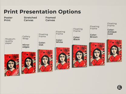 Explore presentation options for this woman's portrait art. Choose from poster prints stretched canvas or framed canvas. Find the perfect style to complement your home decor. Each option enhances the unique artwork.