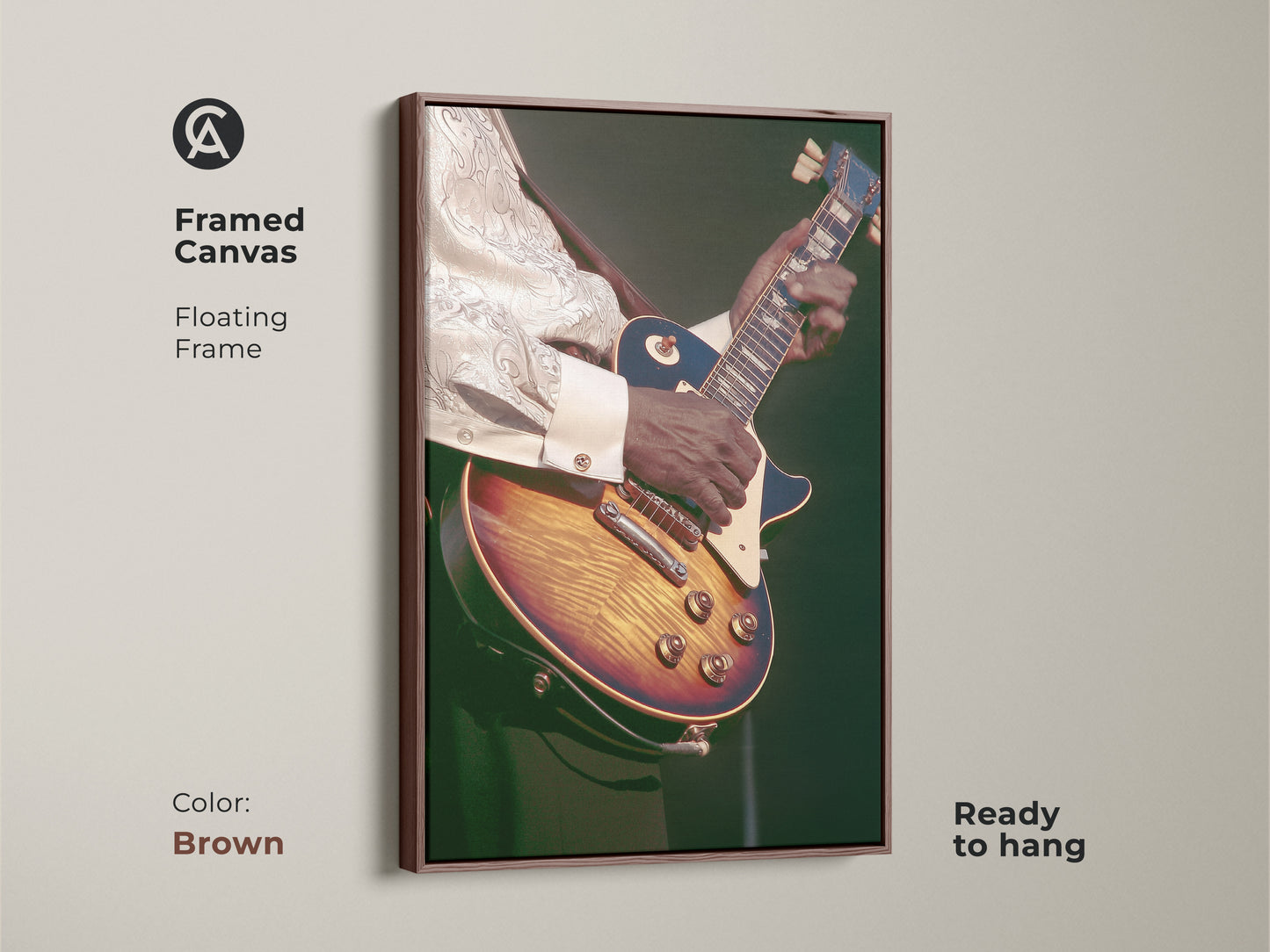 Framed canvas art featuring a vintage guitarist with a brown floating frame. The retro amber and dark green tones enhance the electric guitar art. A unique eclectic home decor gift for blues musicians. Perfect office artwork.