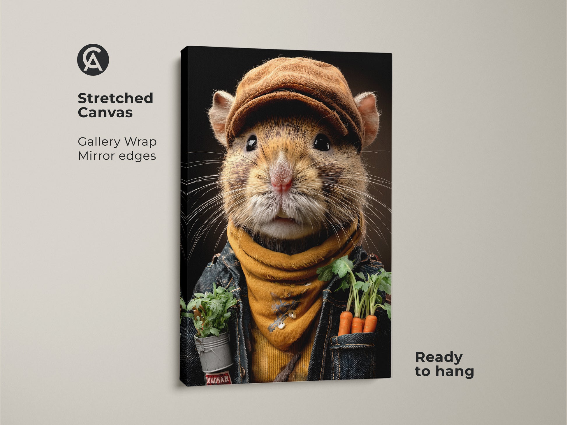 A stretched canvas art print featuring a realistic mouse gardener. This gallery wrap art has mirror edges and is ready to hang. The whimsical animal artwork makes for eclectic home decor. The mouse is dressed with carrots and golden yellow accents. Great gift for garden enthusiasts.