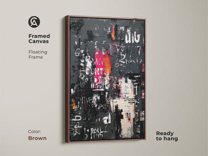 Framed canvas showcasing abstract art. The floating frame is brown. The artwork features a textured gray background with white pink and black markings. Ready to hang this framed canvas adds warmth to your space. Shop now.