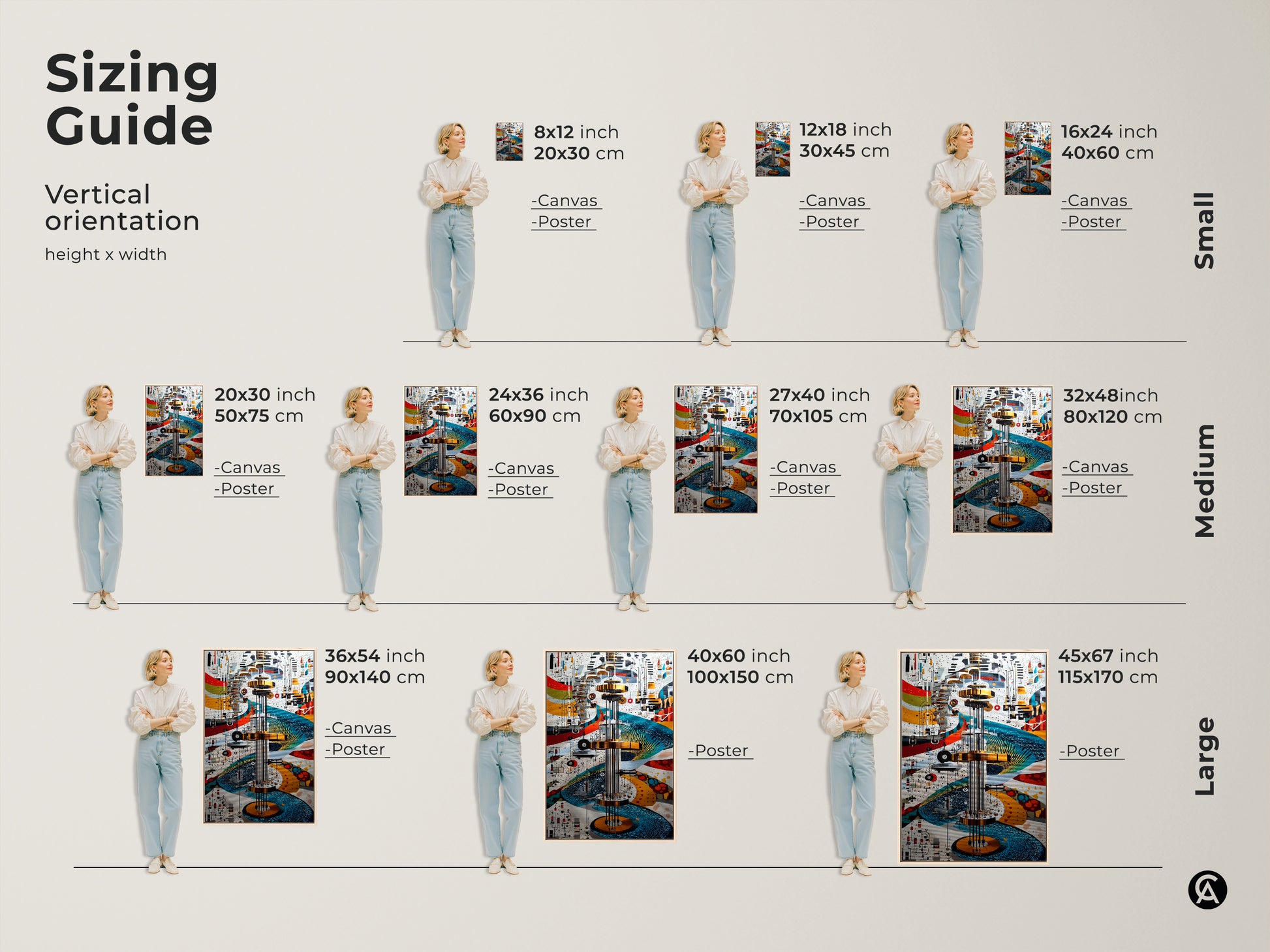 Sizing guide for Mechanical Abstract wall art. This artwork is in canvas and poster from small to large vertical orientation. Envision the gold blue and red gears in various sizes for a perfect fit.