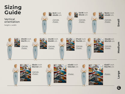 Sizing guide for Mechanical Abstract wall art. This artwork is in canvas and poster from small to large vertical orientation. Envision the gold blue and red gears in various sizes for a perfect fit.