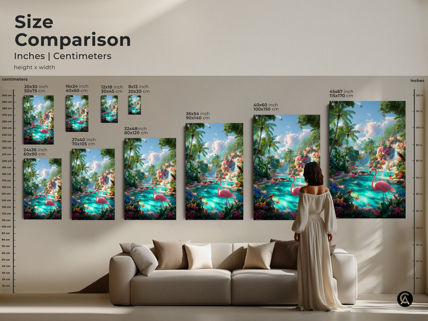 Size comparison of flamingo art prints in inches and centimeters. See how different sizes look above a sofa. Choose from various sizes to fit your space. This tropical artwork features pink flamingos and palm trees.