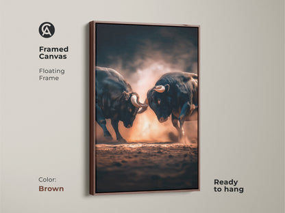 Framed canvas artwork of two bulls fighting. The floating frame in brown complements the artwork. Ready to hang this artwork adds a touch of rustic charm. A great piece for animal lovers.