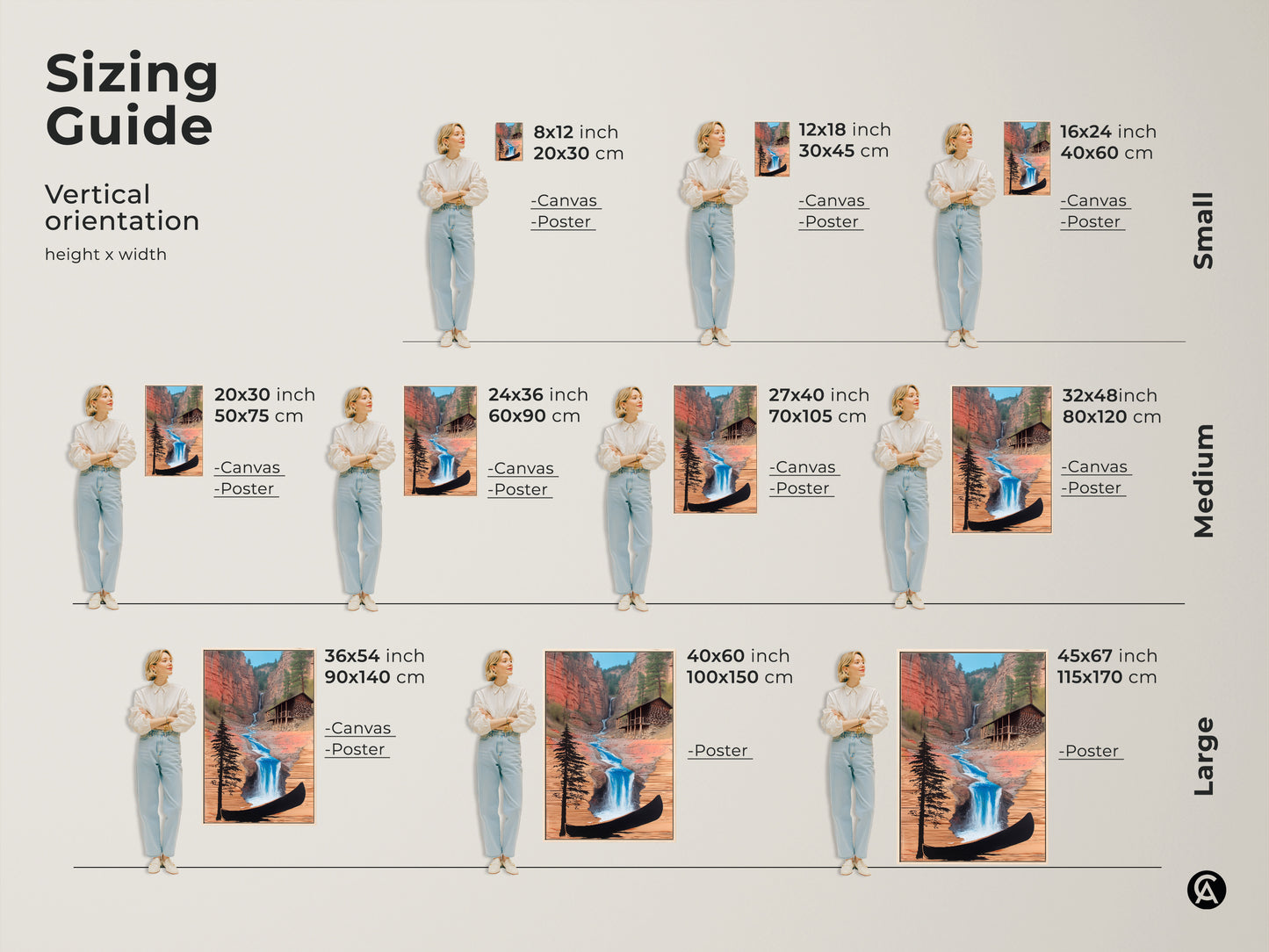 Sizing Guide for Vertical Rustic Cabin Waterfall Canvas Print. Canvas and poster options are shown in small medium and large sizes. Find the perfect fit for your farmhouse decor.