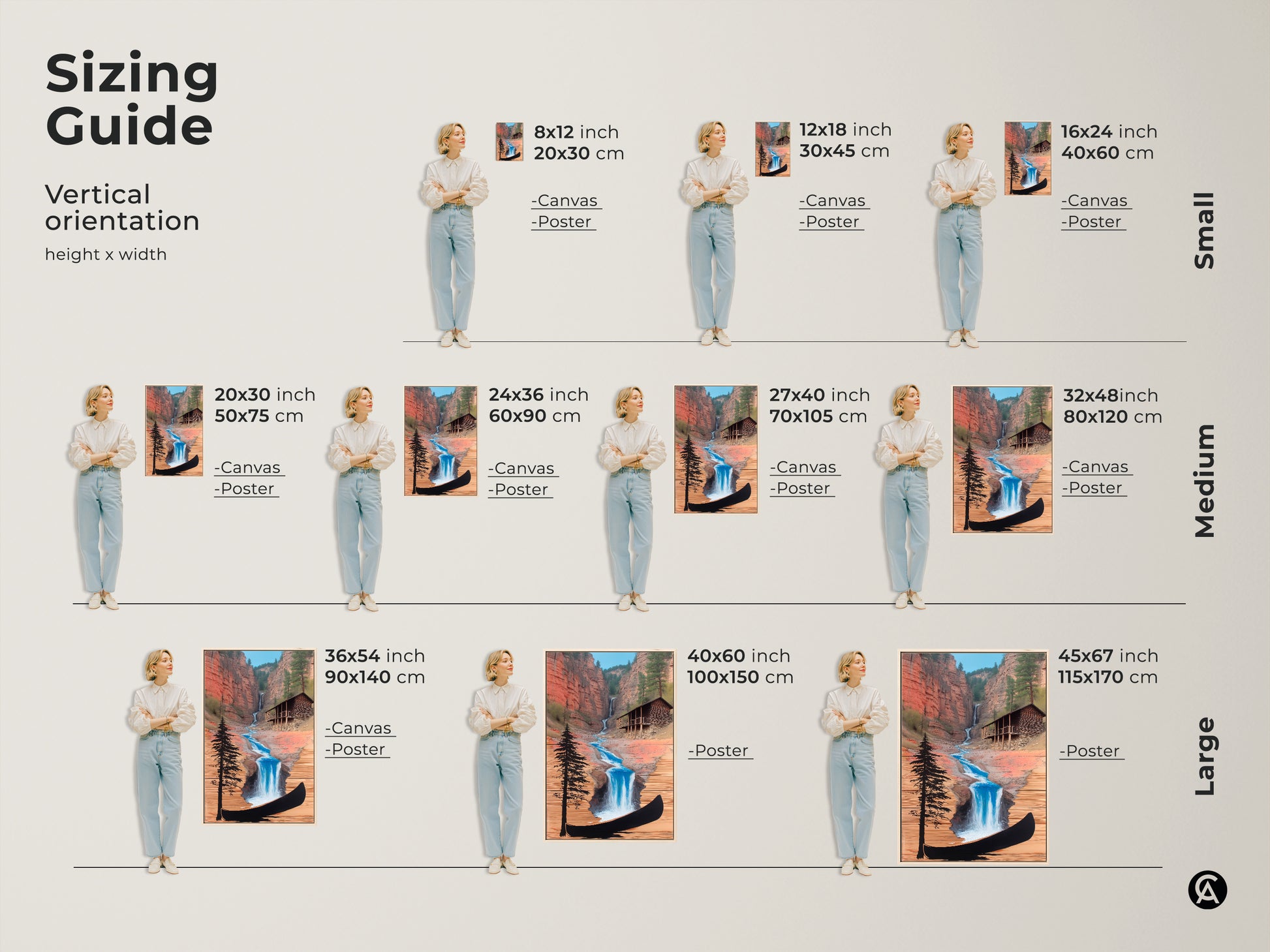 Sizing Guide for Vertical Rustic Cabin Waterfall Canvas Print. Canvas and poster options are shown in small medium and large sizes. Find the perfect fit for your farmhouse decor.