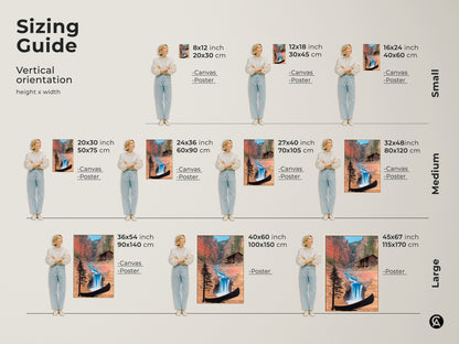 Sizing Guide for Vertical Rustic Cabin Waterfall Canvas Print. Canvas and poster options are shown in small medium and large sizes. Find the perfect fit for your farmhouse decor.