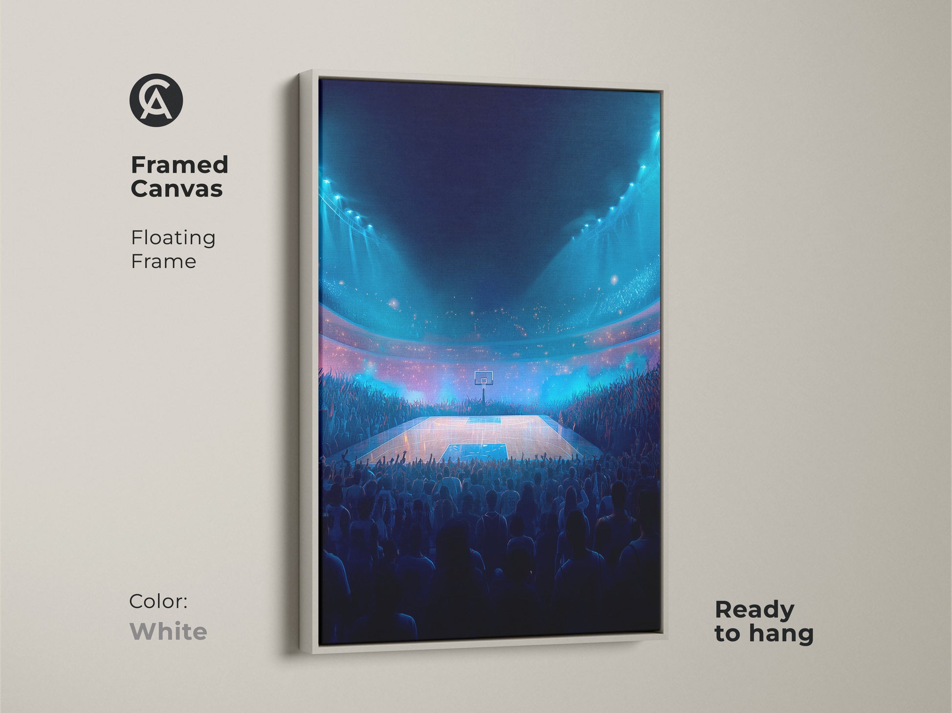 Framed canvas featuring basketball arena artwork with a white floating frame. The artwork is ready to hang. Its clean and modern style complements any decor. Show your love for basketball with this unique piece.