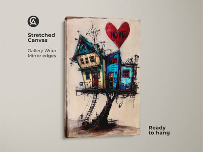 A stretched canvas presents surreal house art. This artwork features a whimsical house on stilts. Gallery-wrapped with mirrored edges this eclectic home decor is ready to hang. Teal blue and red artwork offers a unique touch for any modern home.