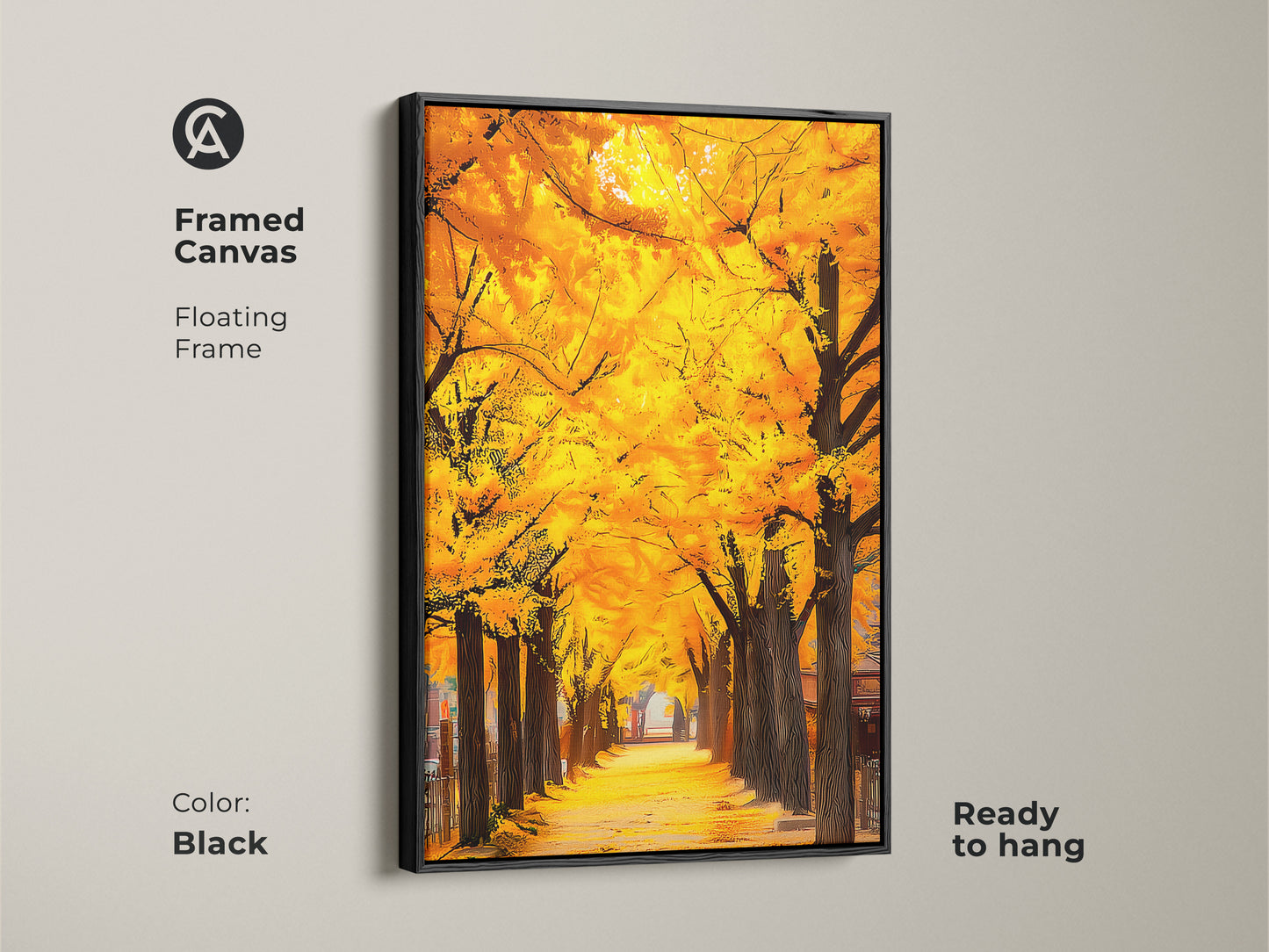 Framed canvas featuring a striking Gingko tree avenue. The floating frame is black and ready to hang. This artwork adds sophistication to any room. The vivid colors and high-quality canvas will enhance your home decor.
