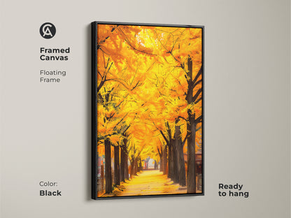 Framed canvas featuring a striking Gingko tree avenue. The floating frame is black and ready to hang. This artwork adds sophistication to any room. The vivid colors and high-quality canvas will enhance your home decor.