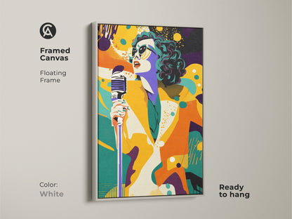 Framed canvas art of a retro pop art singer in a white floating frame. This ready-to-hang artwork features vibrant colors. The singer with a microphone adds an eclectic touch to your home decor.