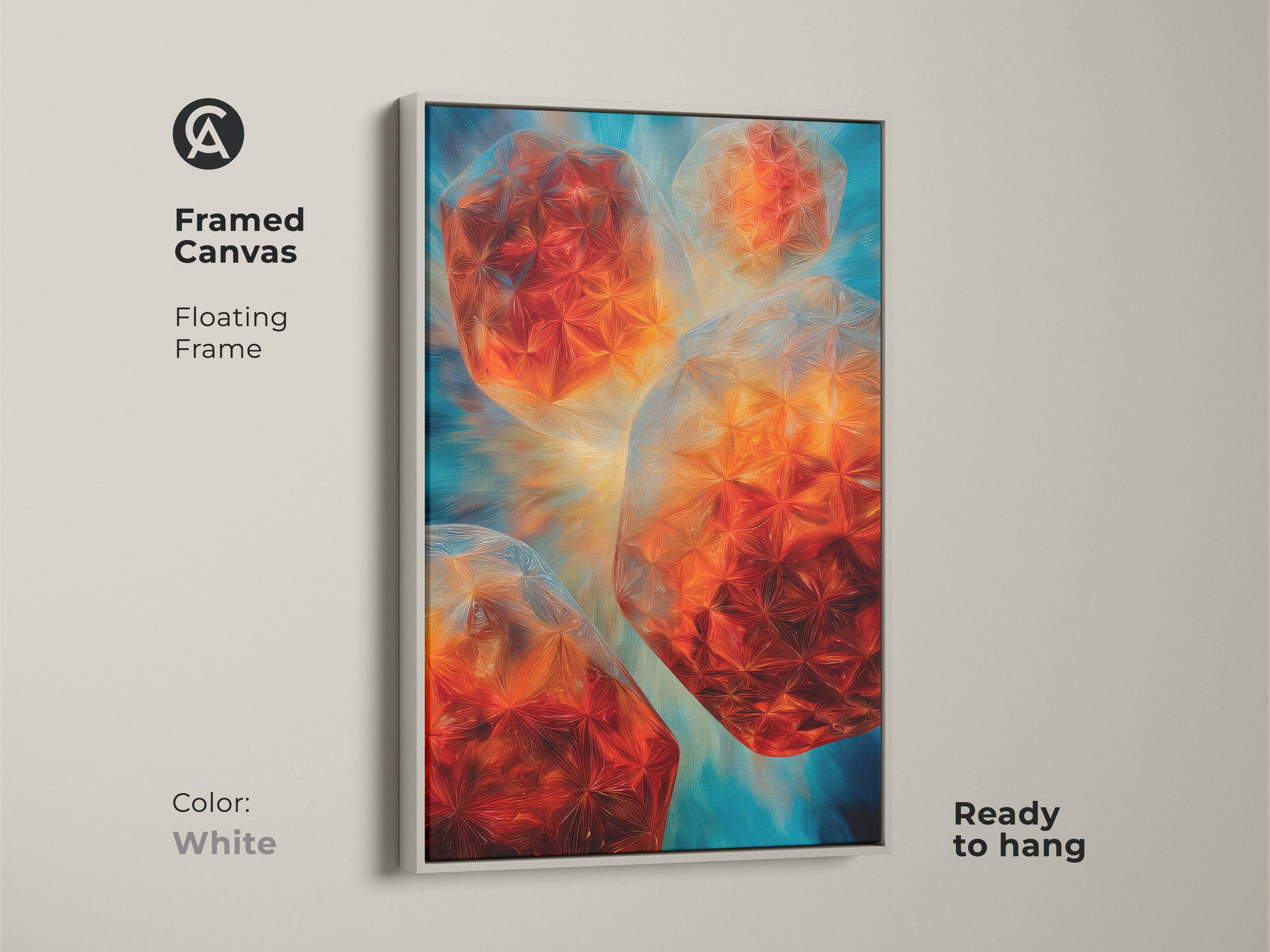 The framed canvas features abstract geometric wall art and a white floating frame. A teal blue and orange canvas print provides a clean modern aesthetic. This office wall decor canvas makes for a unique housewarming gift for him. The ready to hang artwork features a colorful geometric decor.