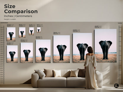 Size comparison of elephant butt artwork in inches and centimeters. Visualize how the wildlife canvas art fits above a sofa. See the photorealistic animal wall art in various sizes from small to large. Perfect for planning your home decor. Choose the ideal size to enhance your living space with this contemporary safari artwork.