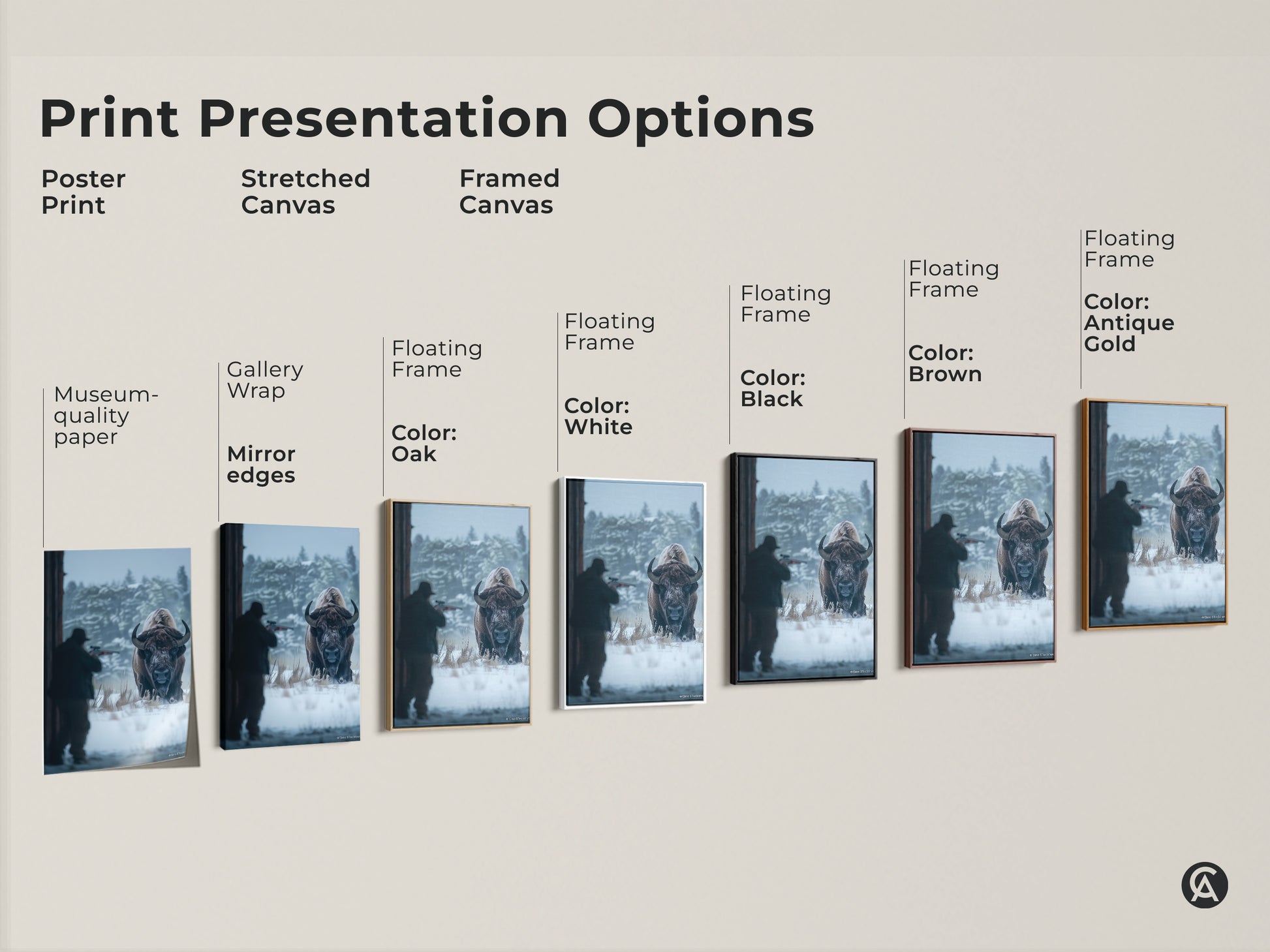 Explore our print presentation options: poster prints stretched canvas and framed canvas. Each artwork features a hunter aiming at a bison. Choose from gallery wrap museum quality paper and floating frames. Available in colors like white black brown and antique gold. Enhance your art collection today.