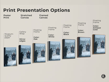 Explore our print presentation options: poster prints stretched canvas and framed canvas. Each artwork features a hunter aiming at a bison. Choose from gallery wrap museum quality paper and floating frames. Available in colors like white black brown and antique gold. Enhance your art collection today.