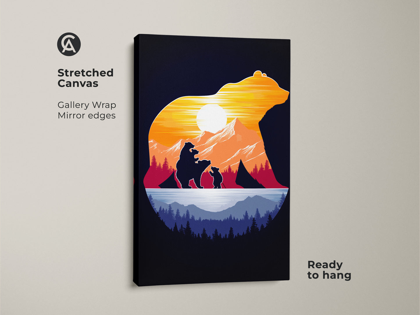 Stretched canvas of a bear family silhouette art. Gallery wrapped with mirrored edges this mountain sunset canvas print is ready to hang. The rustic silhouette art shows an outdoor lover gift. Displaying the orange yellow and blue artwork enhances any space.