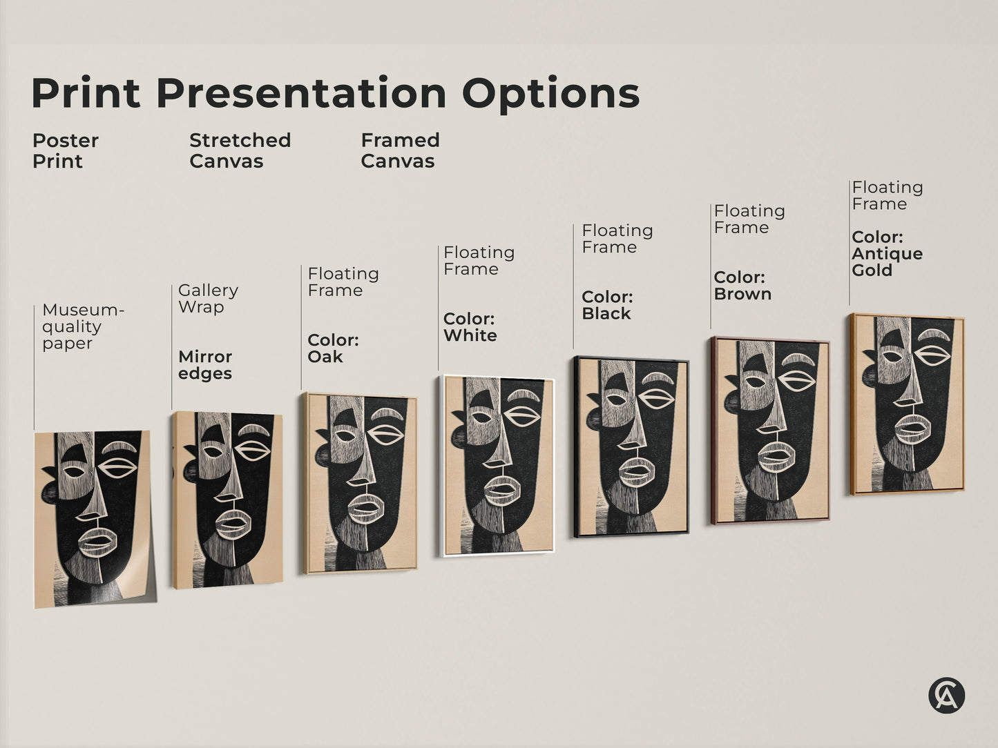 Explore print presentation options with this abstract face art. Choose from poster prints to stretched canvases. Framed canvases in black brown oak antique gold and white enhance this Mid-Century Modern artwork. The black and beige Bauhaus style suits any modern decor. Find the perfect art lover gift print.