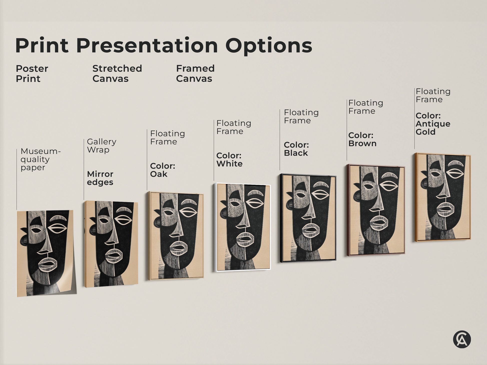 Explore print presentation options with this abstract face art. Choose from poster prints to stretched canvases. Framed canvases in black brown oak antique gold and white enhance this Mid-Century Modern artwork. The black and beige Bauhaus style suits any modern decor. Find the perfect art lover gift print.