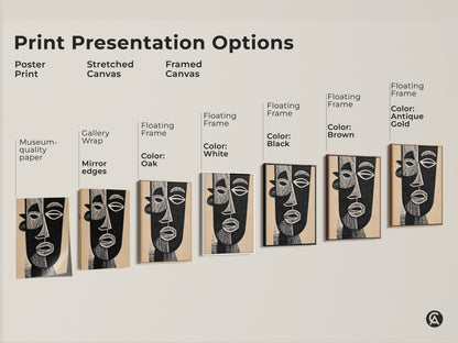 Explore print presentation options with this abstract face art. Choose from poster prints to stretched canvases. Framed canvases in black brown oak antique gold and white enhance this Mid-Century Modern artwork. The black and beige Bauhaus style suits any modern decor. Find the perfect art lover gift print.