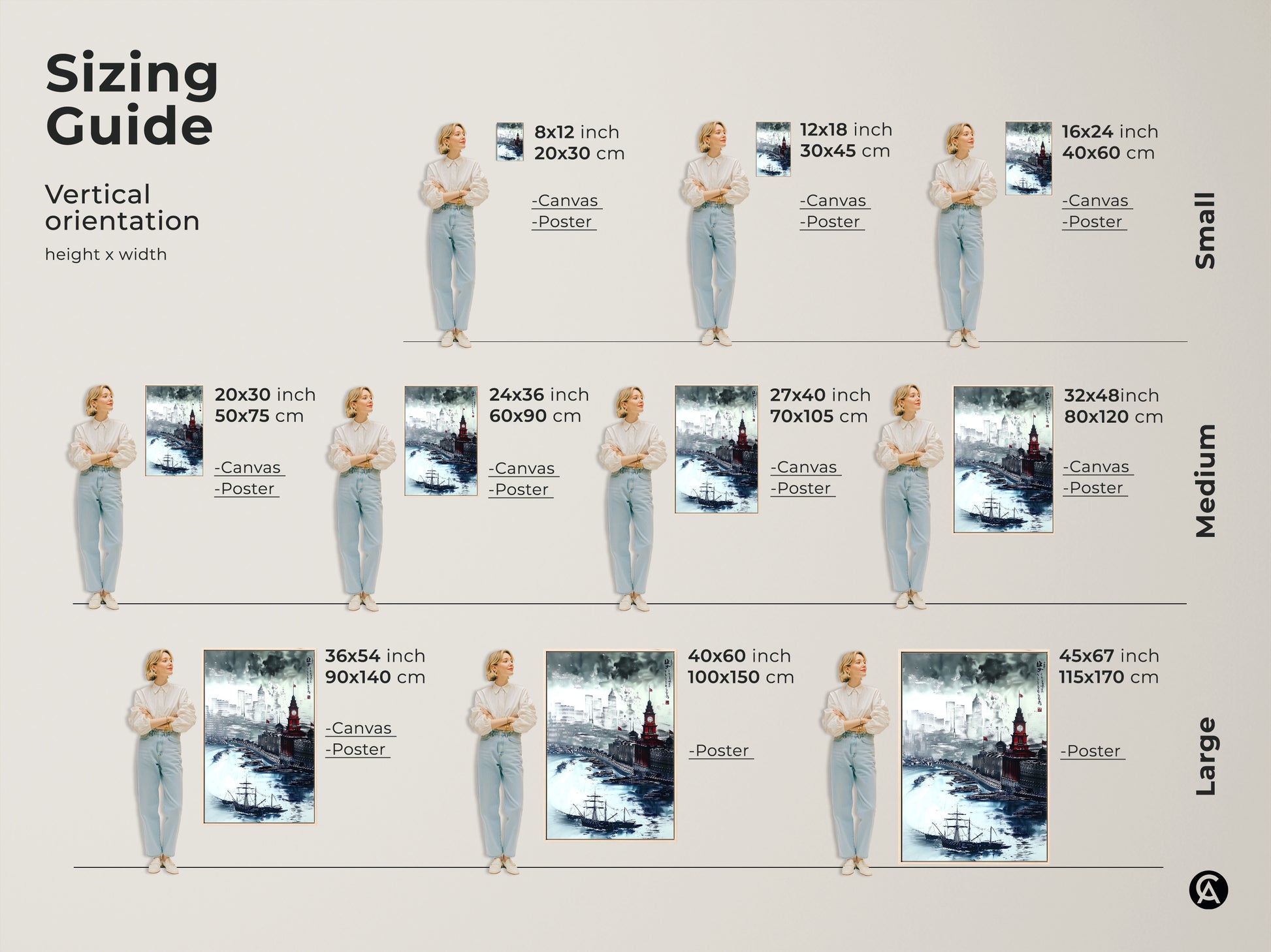 Sizing guide for vertical ink wash cityscape artwork. Visualize canvas and poster art in sizes from small to large. See how maritime architecture with tall ships fits your space. Find the perfect size for your eclectic home decor.