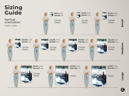 Sizing guide for vertical ink wash cityscape artwork. Visualize canvas and poster art in sizes from small to large. See how maritime architecture with tall ships fits your space. Find the perfect size for your eclectic home decor.