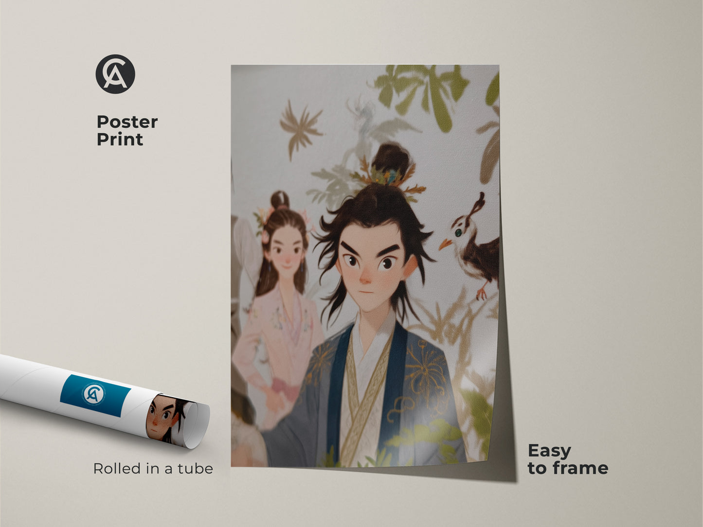 Poster print art featuring a traditional Chinese couple. Rolled in a tube and easy to frame. This couple art print wall decor is an anniversary gift for a married couple. Beige blue green wall art adds eclectic home decor art.