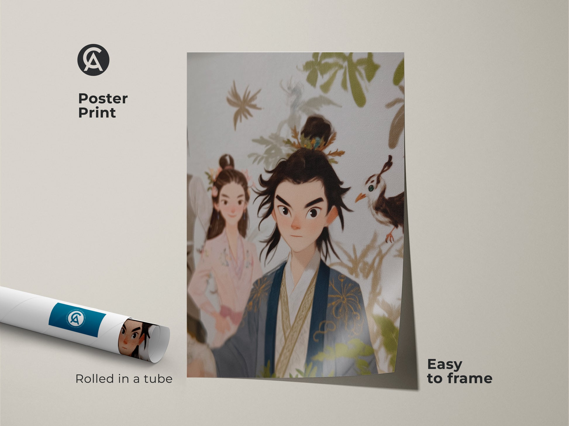 Poster print art featuring a traditional Chinese couple. Rolled in a tube and easy to frame. This couple art print wall decor is an anniversary gift for a married couple. Beige blue green wall art adds eclectic home decor art.
