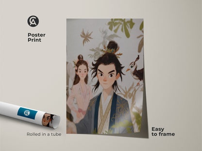 Poster print art featuring a traditional Chinese couple. Rolled in a tube and easy to frame. This couple art print wall decor is an anniversary gift for a married couple. Beige blue green wall art adds eclectic home decor art.