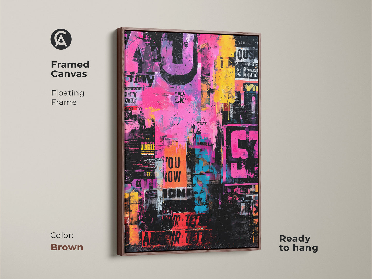 A framed canvas print featuring collage artwork. The art is bright with pink yellow and blue colors. It has stenciled words and numbers. The frame is brown and floating. This canvas is ready to hang.