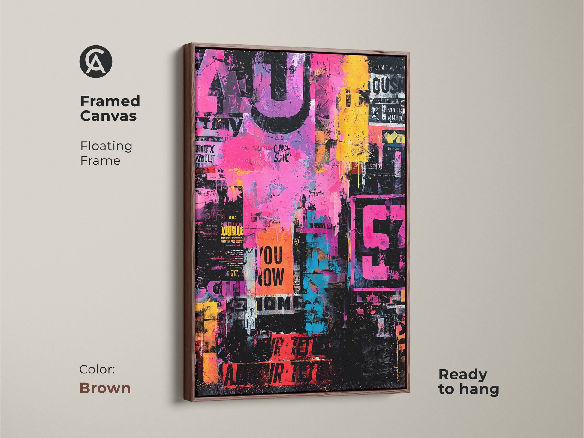 A framed canvas print featuring collage artwork. The art is bright with pink yellow and blue colors. It has stenciled words and numbers. The frame is brown and floating. This canvas is ready to hang.