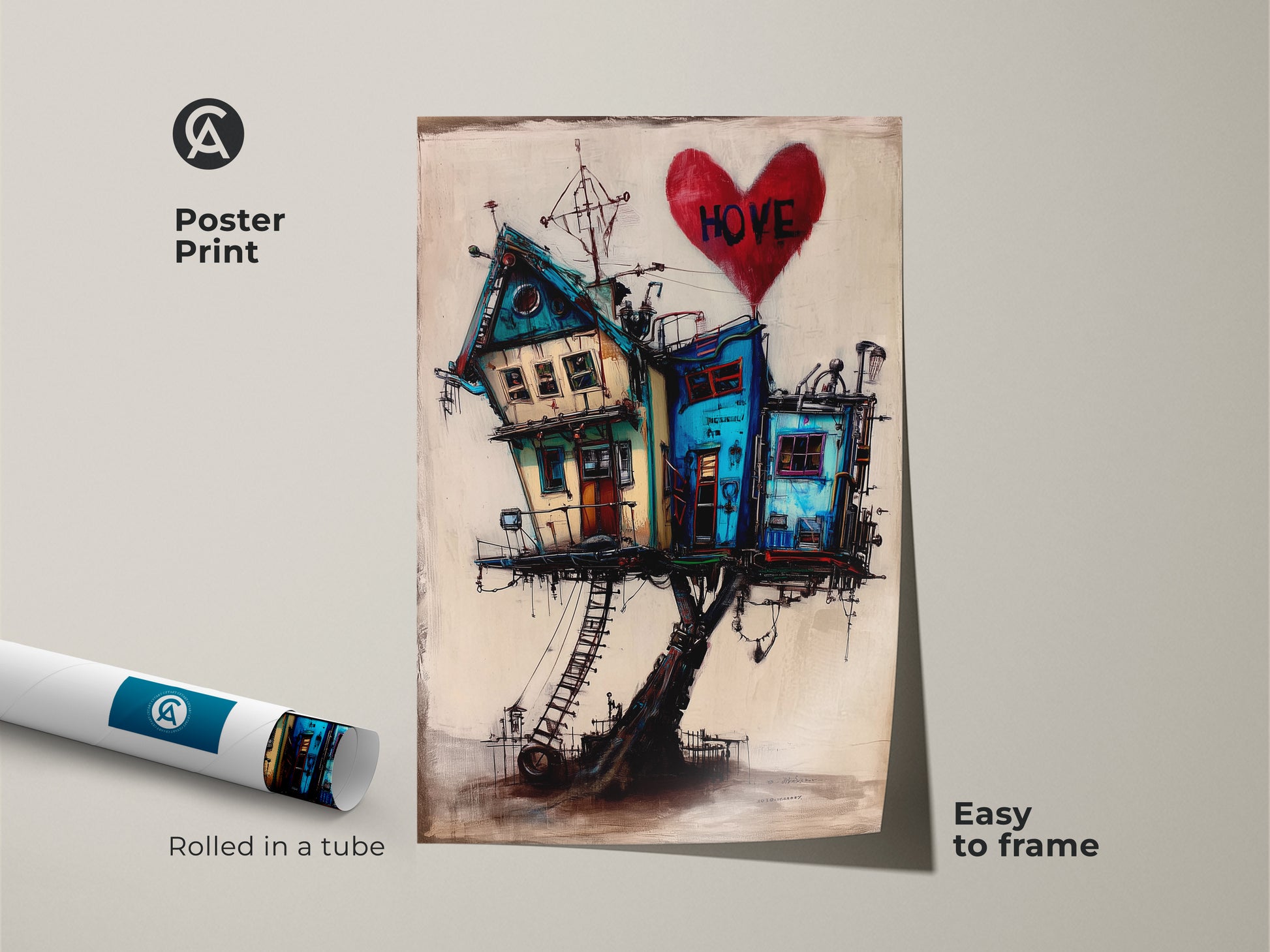 This poster print showcases surreal house art. A whimsical house on stilts features a red heart. Rolled in a tube this eclectic home decor art is easy to frame. The teal and blue canvas provides a unique housewarming gift option.