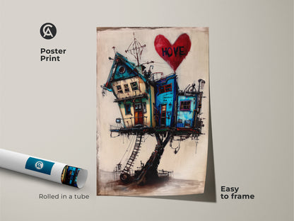 This poster print showcases surreal house art. A whimsical house on stilts features a red heart. Rolled in a tube this eclectic home decor art is easy to frame. The teal and blue canvas provides a unique housewarming gift option.