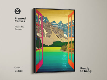 This framed canvas art features a floating black frame. The scenic mountain and lake artwork is ready to hang. An artistic nature piece perfect as a housewarming gift.