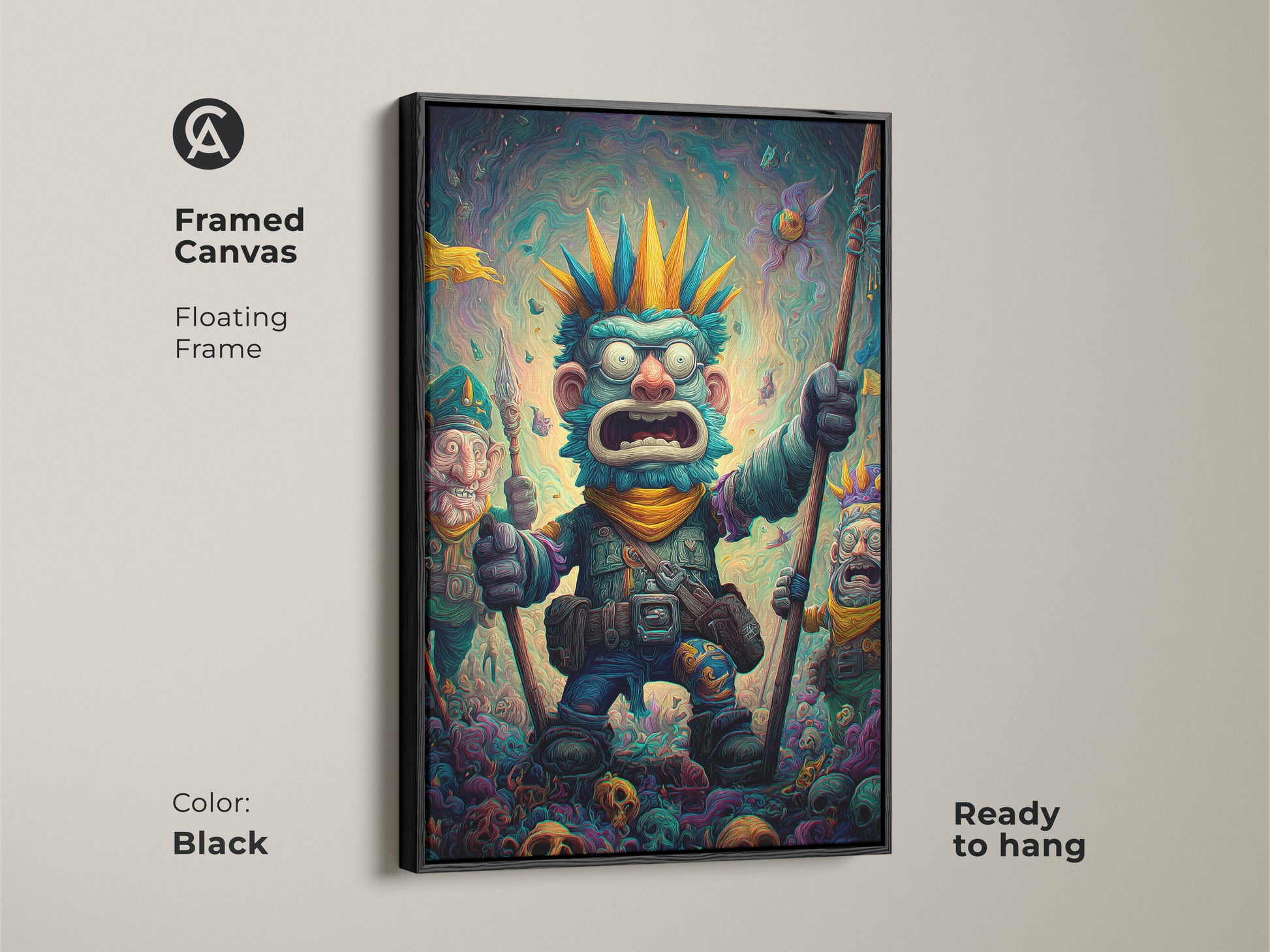 A framed canvas art print features a bizarre monster and his goblin companions. The black floating frame adds a touch of sophistication. The artwork is ready to hang making it a hassle-free art solution. Add character to any room with this framed artwork.