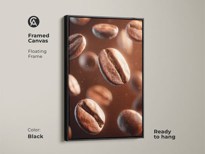 Framed canvas with a floating frame in black. This coffee bean art print adds a modern touch. Ready to hang and enjoy. The black frame enhances the artwork's visual appeal.