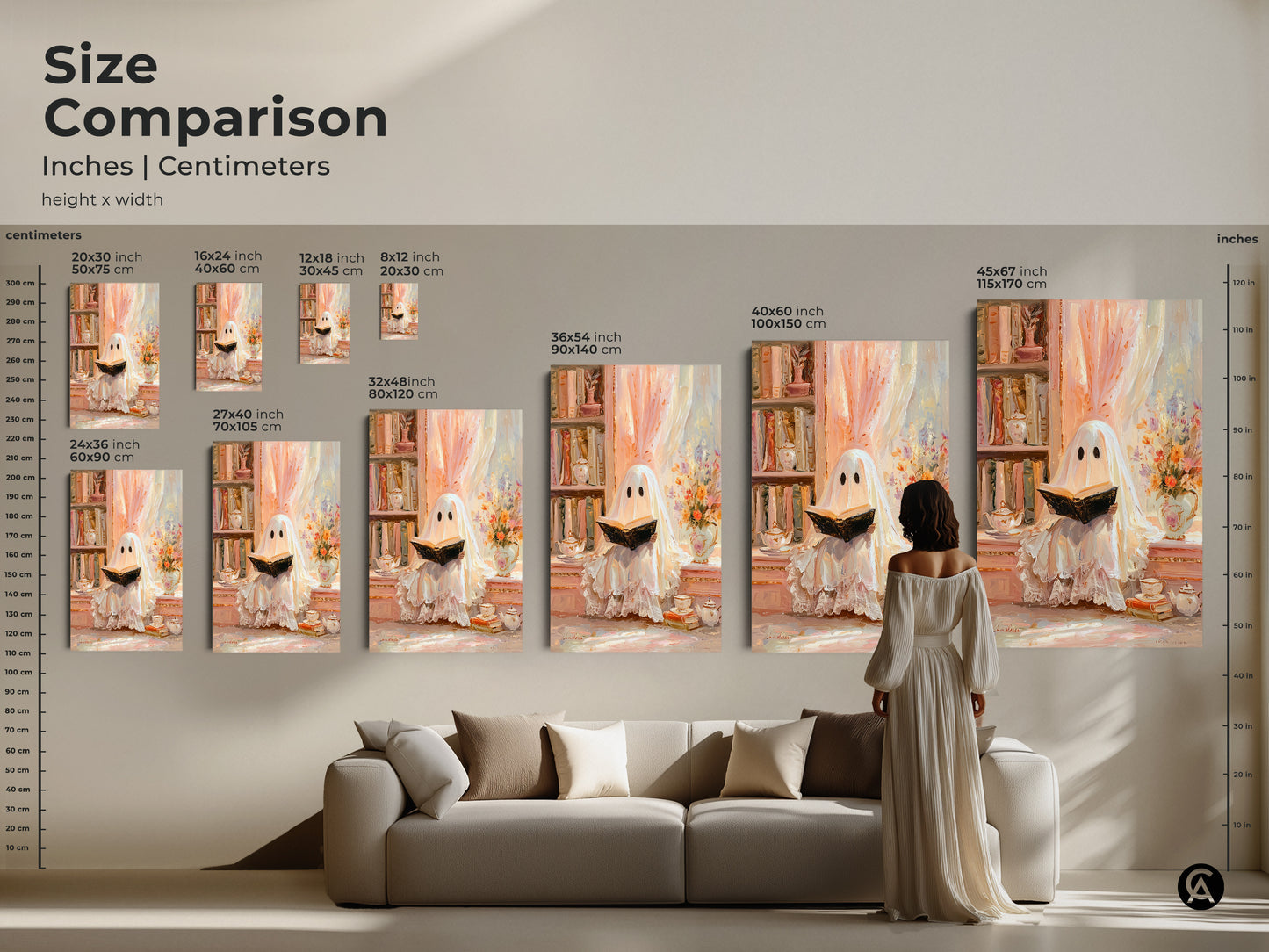 Size comparison of the ghost reading art print on a wall. This artwork is available in various sizes. From small to large it fits perfectly above a sofa. This eclectic study decor adds a touch of fantasy and whimsy to any room. An ideal Halloween gift for bookworms. This cream peach wall art.