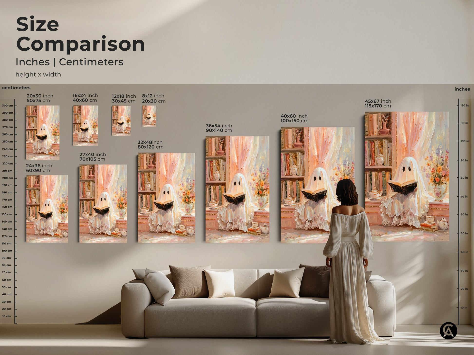 Size comparison of the ghost reading art print on a wall. This artwork is available in various sizes. From small to large it fits perfectly above a sofa. This eclectic study decor adds a touch of fantasy and whimsy to any room. An ideal Halloween gift for bookworms. This cream peach wall art.