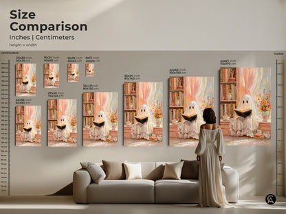 Size comparison of the ghost reading art print on a wall. This artwork is available in various sizes. From small to large it fits perfectly above a sofa. This eclectic study decor adds a touch of fantasy and whimsy to any room. An ideal Halloween gift for bookworms. This cream peach wall art.