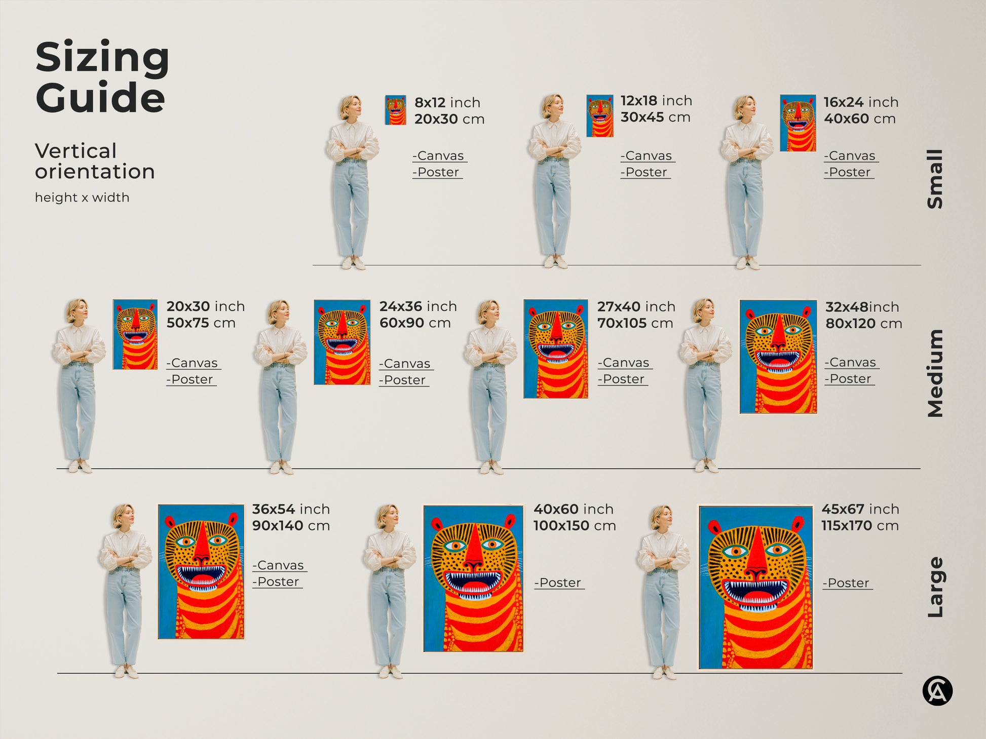 Sizing guide for the folk art tiger canvas and poster prints is shown. Vertical orientation height x width shows small medium and large sizes. The modern abstract artwork in bold colors will make a statement wherever displayed.